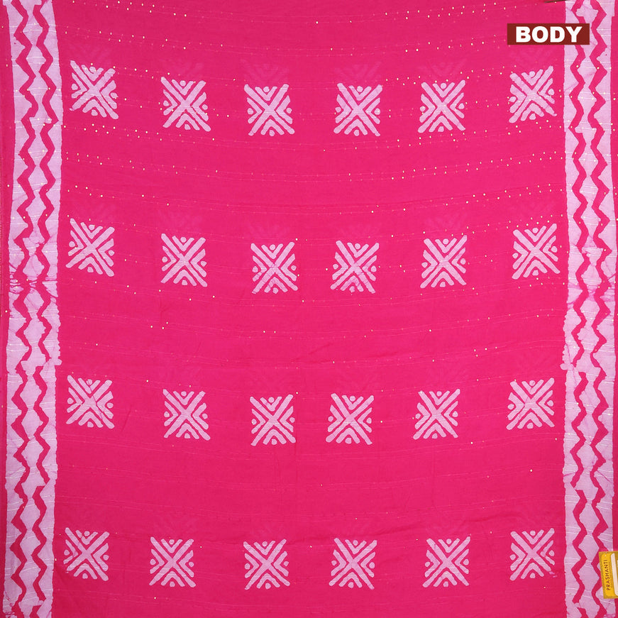 Batik cotton saree pink with allover sequin work & batik butta prints and printed lace work border