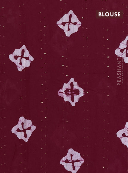 Batik cotton saree wine shade with allover sequin work & batik butta prints and printed lace work border