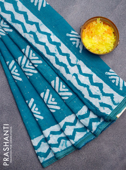 Batik cotton saree teal blue with allover sequin work & batik butta prints and printed lace work border