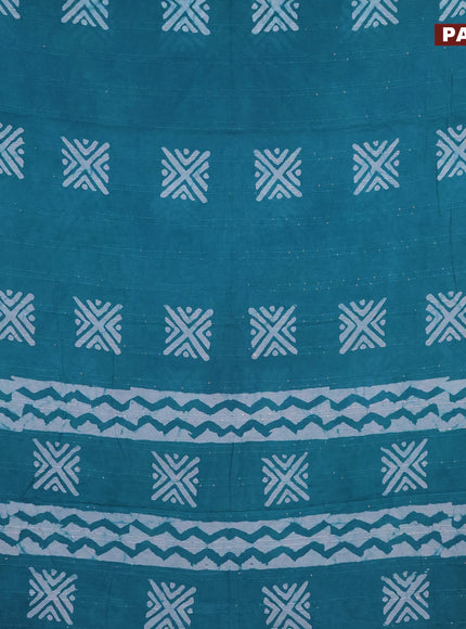 Batik cotton saree teal blue with allover sequin work & batik butta prints and printed lace work border