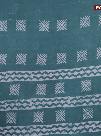 Batik cotton saree pastel shade of green with allover sequin work & batik butta prints and printed lace work border