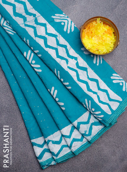 Batik cotton saree teal shade with allover sequin work & batik butta prints and printed lace work border