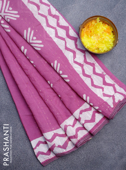 Batik cotton saree mauve pink with allover sequin work & batik butta prints and printed lace work border