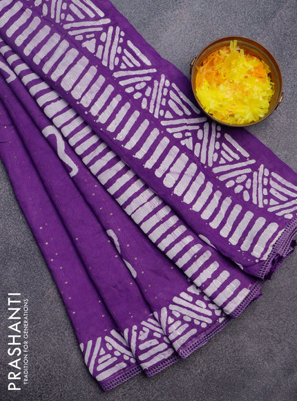 Batik cotton saree violet with allover sequin work & batik butta prints and printed lace work border