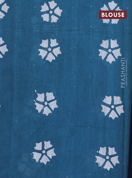 Batik cotton saree peacock blue with allover sequin work & batik butta prints and printed lace work border