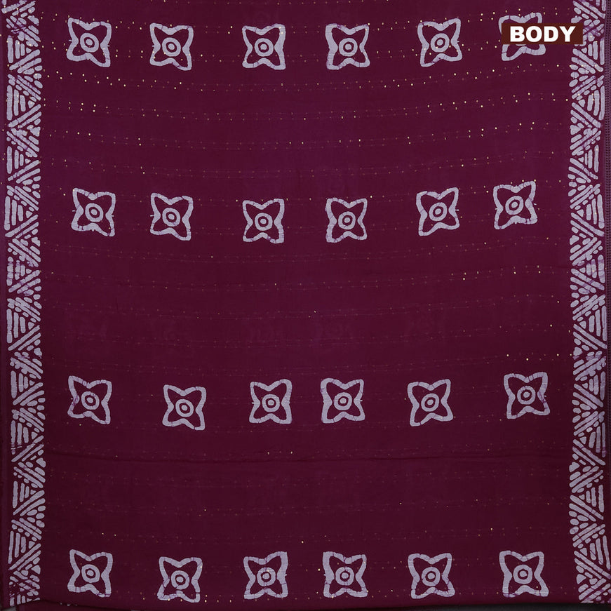 Batik cotton saree wine shade with allover sequin work & batik butta prints and printed lace work border