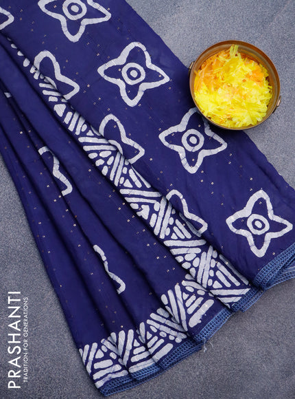 Batik cotton saree navy blue with allover sequin work & batik butta prints and printed lace work border