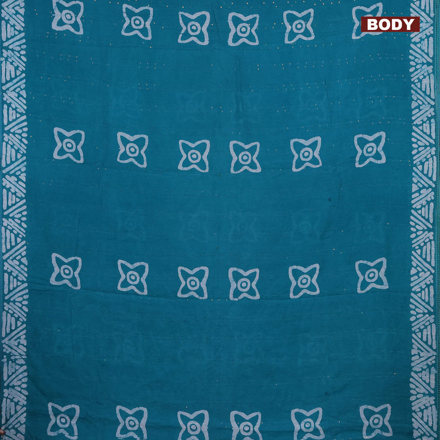 Batik cotton saree teal shade with allover sequin work & batik butta prints and printed lace work border