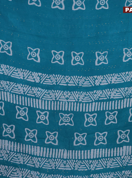 Batik cotton saree teal shade with allover sequin work & batik butta prints and printed lace work border