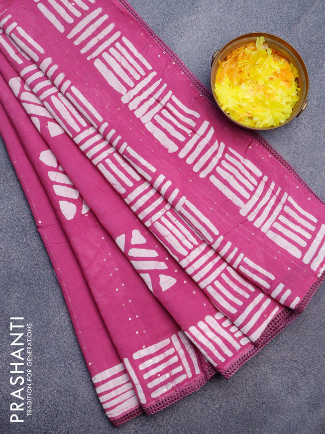 Batik cotton saree mauve pink with allover sequin work & batik butta prints and printed lace work border