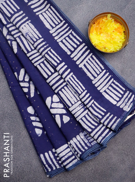 Batik cotton saree navy blue with allover sequin work & batik butta prints and printed lace work border