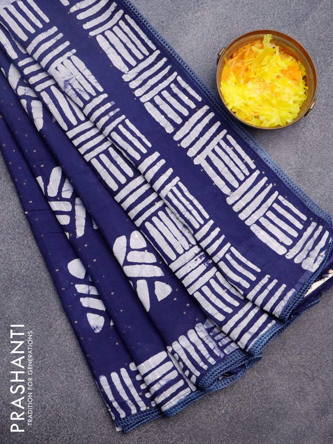 Batik cotton saree navy blue with allover sequin work & batik butta prints and printed lace work border