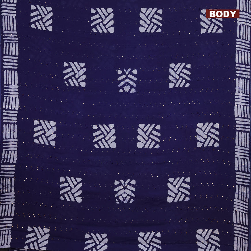 Batik cotton saree navy blue with allover sequin work & batik butta prints and printed lace work border