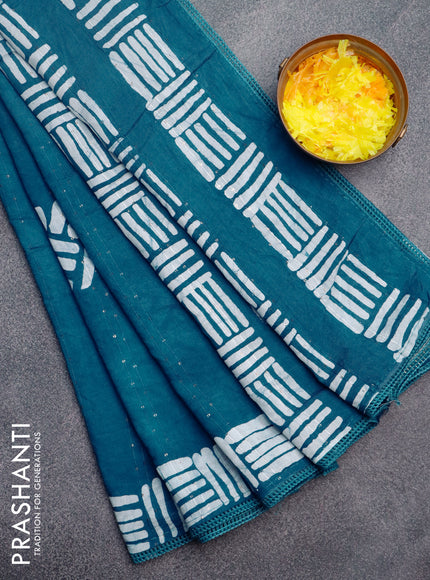 Batik cotton saree peacock blue with allover sequin work & batik butta prints and printed lace work border