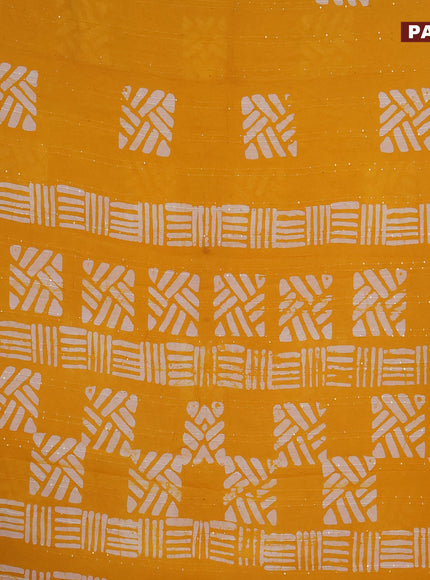 Batik cotton saree yellow with allover sequin work & batik butta prints and printed lace work border