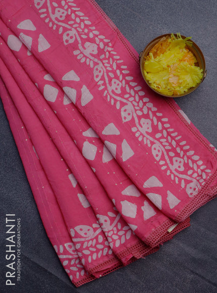 Batik cotton saree pink with allover sequin work & batik butta prints and printed lace work border