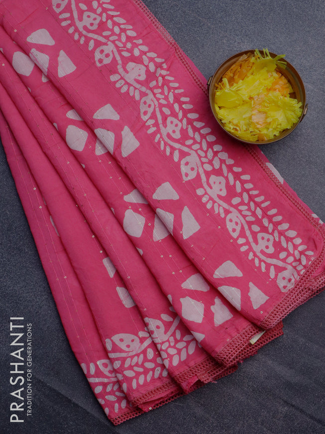 Batik cotton saree pink with allover sequin work & batik butta prints and printed lace work border