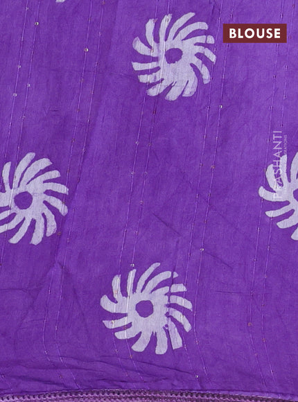 Batik cotton saree violet with allover sequin work & batik butta prints and printed lace work border