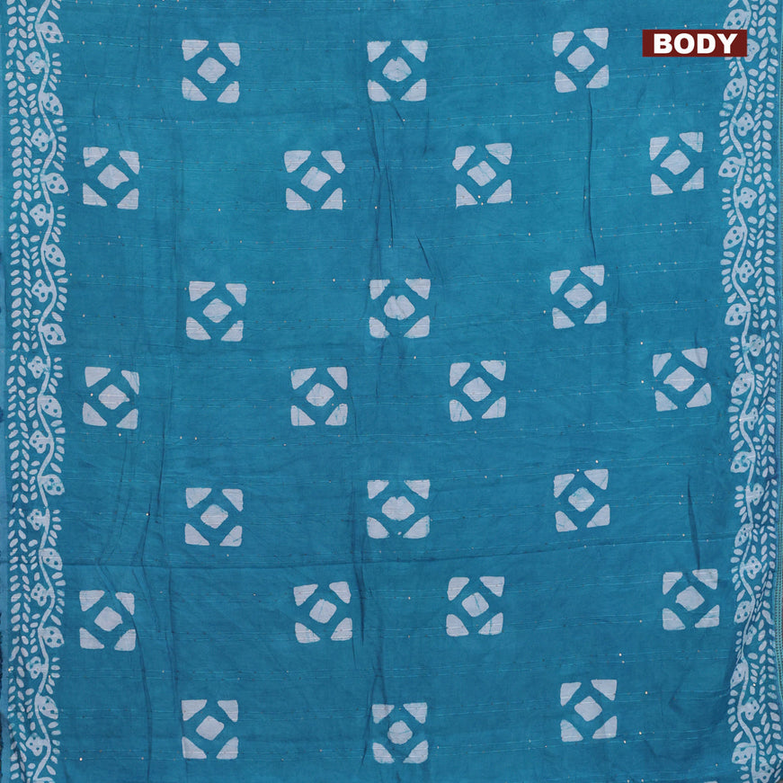 Batik cotton saree teal blue with allover sequin work & batik butta prints and printed lace work border