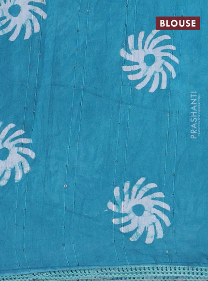 Batik cotton saree teal blue with allover sequin work & batik butta prints and printed lace work border