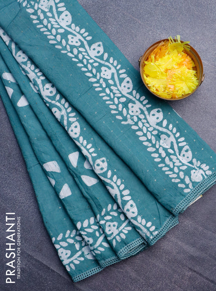 Batik cotton saree pastel shade of green with allover sequin work & batik butta prints and printed lace work border