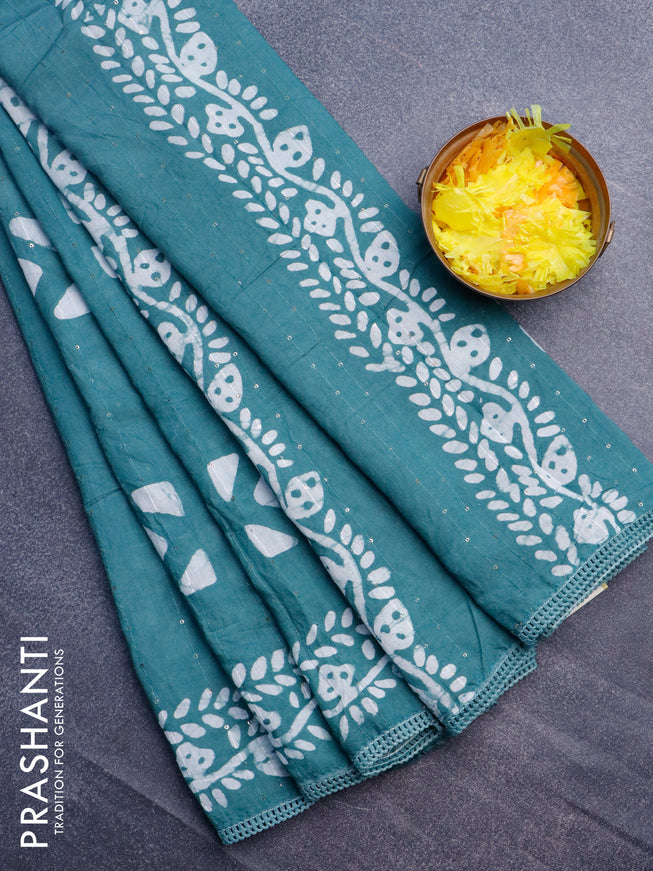 Batik cotton saree pastel shade of green with allover sequin work & batik butta prints and printed lace work border