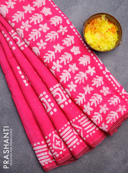 Batik cotton saree light pink with allover sequin work & batik butta prints and printed lace work border