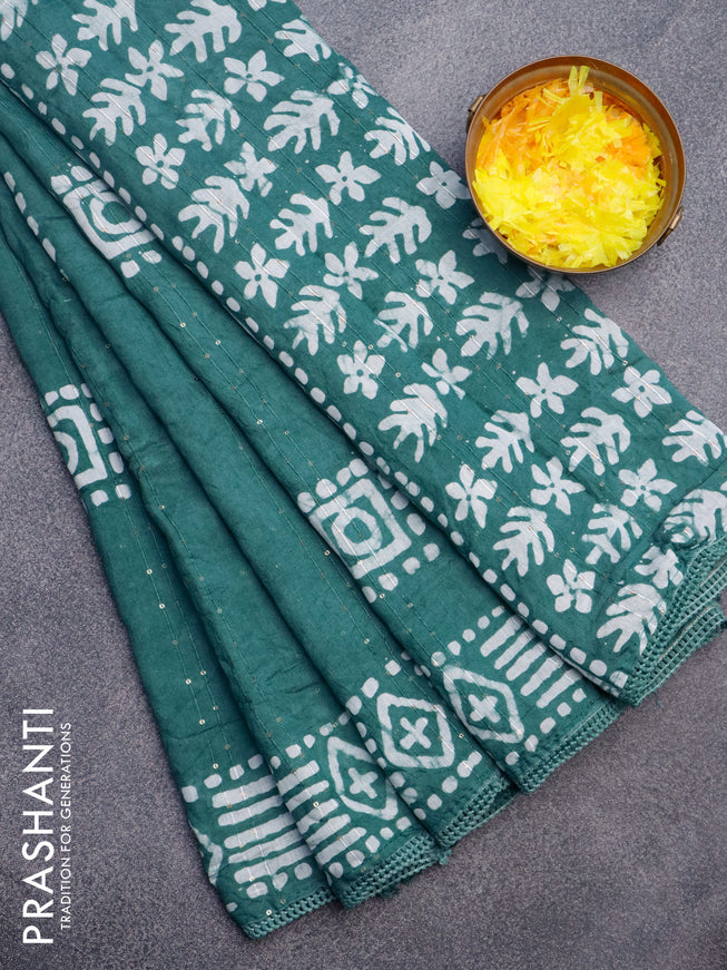 Batik cotton saree pastel shade of green with allover sequin work & batik butta prints and printed lace work border