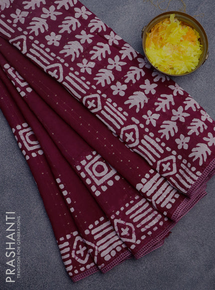 Batik cotton saree wine shade with allover sequin work & batik butta prints and printed lace work border