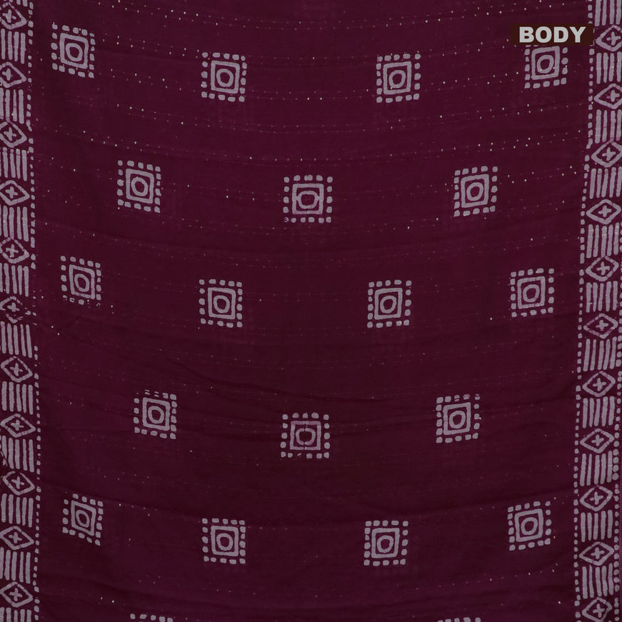 Batik cotton saree wine shade with allover sequin work & batik butta prints and printed lace work border