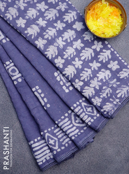 Batik cotton saree grey with allover sequin work & batik butta prints and printed lace work border