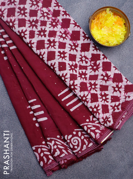 Batik cotton saree wine shade with allover sequin work & batik butta prints and printed lace work border