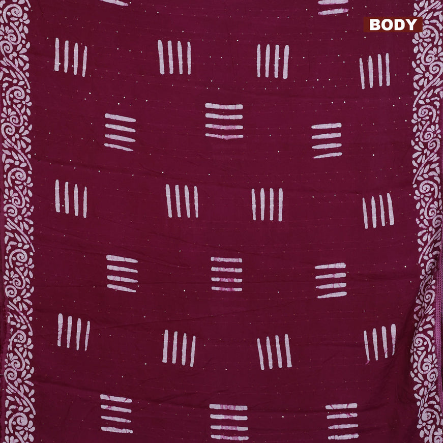 Batik cotton saree wine shade with allover sequin work & batik butta prints and printed lace work border