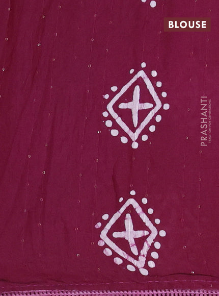 Batik cotton saree wine shade with allover sequin work & batik butta prints and printed lace work border