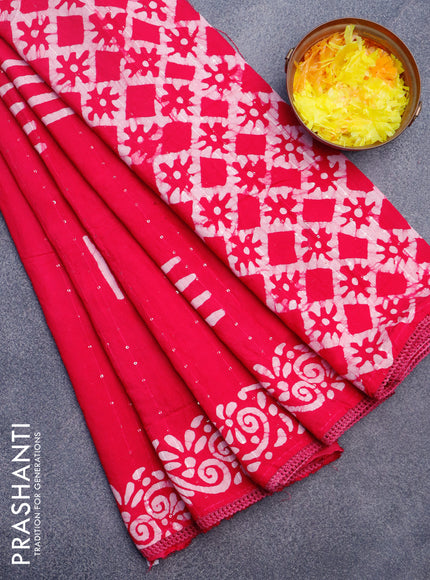 Batik cotton saree reddish pink with allover sequin work & batik butta prints and printed lace work border