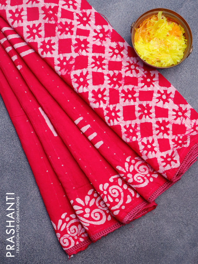 Batik cotton saree reddish pink with allover sequin work & batik butta prints and printed lace work border