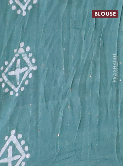 Batik cotton saree pastel shade of green with allover sequin work & batik butta prints and printed lace work border