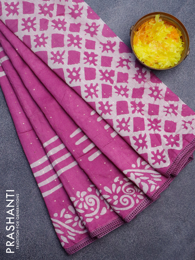 Batik cotton saree mild purple with allover sequin work & batik butta prints and printed lace work border