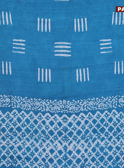 Batik cotton saree teal blue with allover sequin work & batik butta prints and printed lace work border