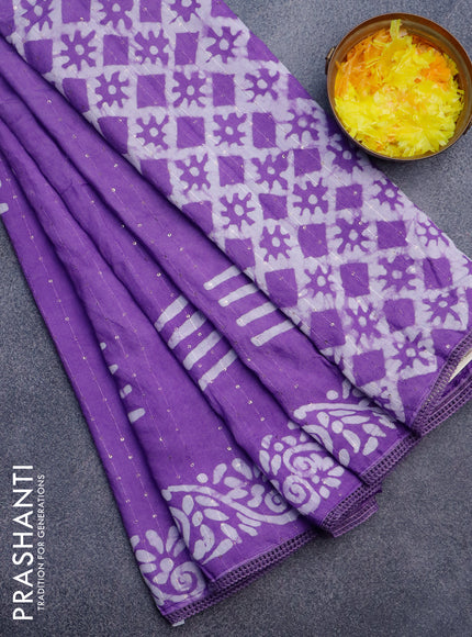 Batik cotton saree violet with allover sequin work & batik butta prints and printed lace work border