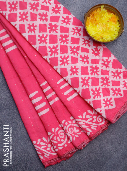 Batik cotton saree pink with allover sequin work & batik butta prints and printed lace work border