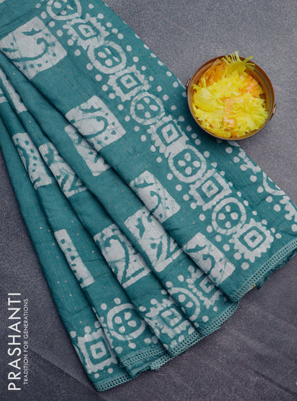 Batik cotton saree pastel green with allover sequin work & batik butta prints and printed lace work border