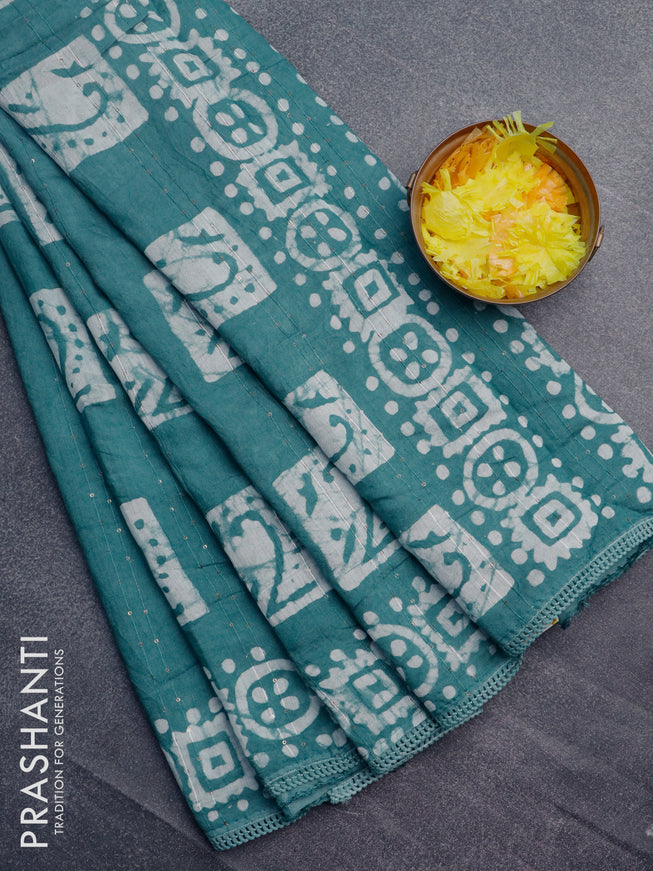 Batik cotton saree pastel green with allover sequin work & batik butta prints and printed lace work border