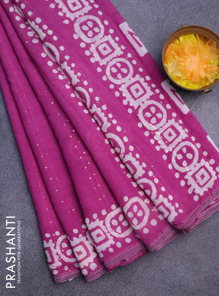 Batik cotton saree mild purple with allover sequin work & batik butta prints and printed lace work border