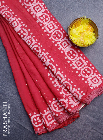 Batik cotton saree reddish pink with allover sequin work & batik butta prints and printed lace work border