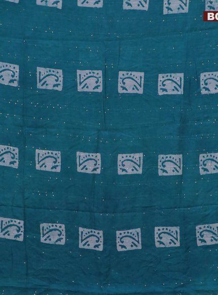 Batik cotton saree teal blue with allover sequin work & batik butta prints and printed lace work border