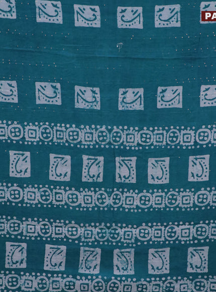 Batik cotton saree teal blue with allover sequin work & batik butta prints and printed lace work border