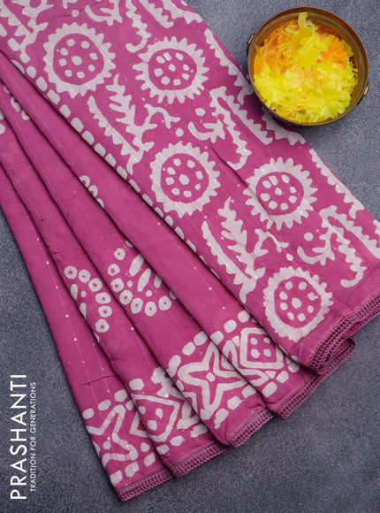 Batik cotton saree mauve pink with allover sequin work & batik butta prints and printed lace work border