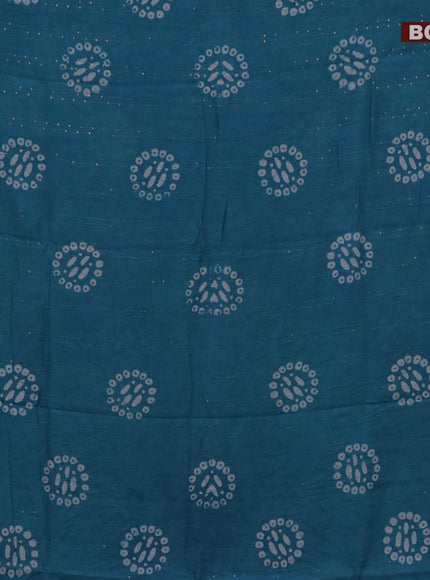 Batik cotton saree teal blue with allover sequin work & batik butta prints and printed lace work border