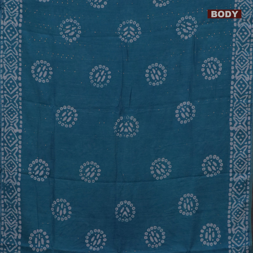 Batik cotton saree teal blue with allover sequin work & batik butta prints and printed lace work border